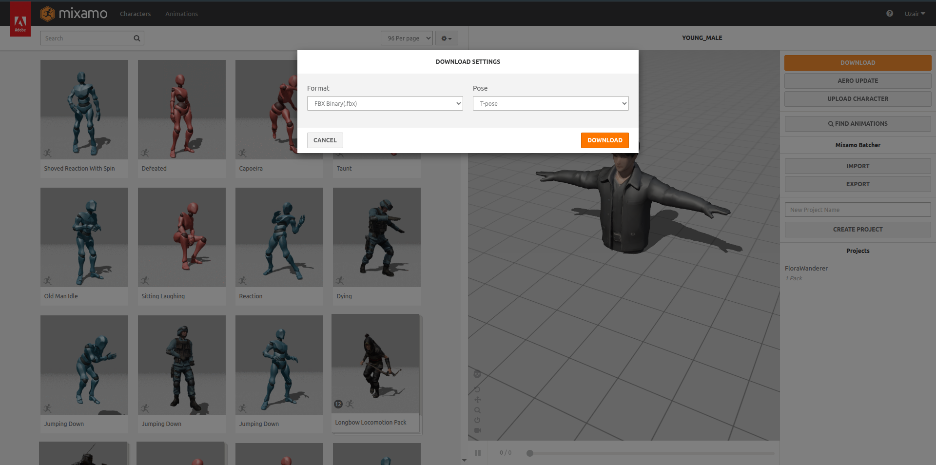 Download rigged model from Mixamo