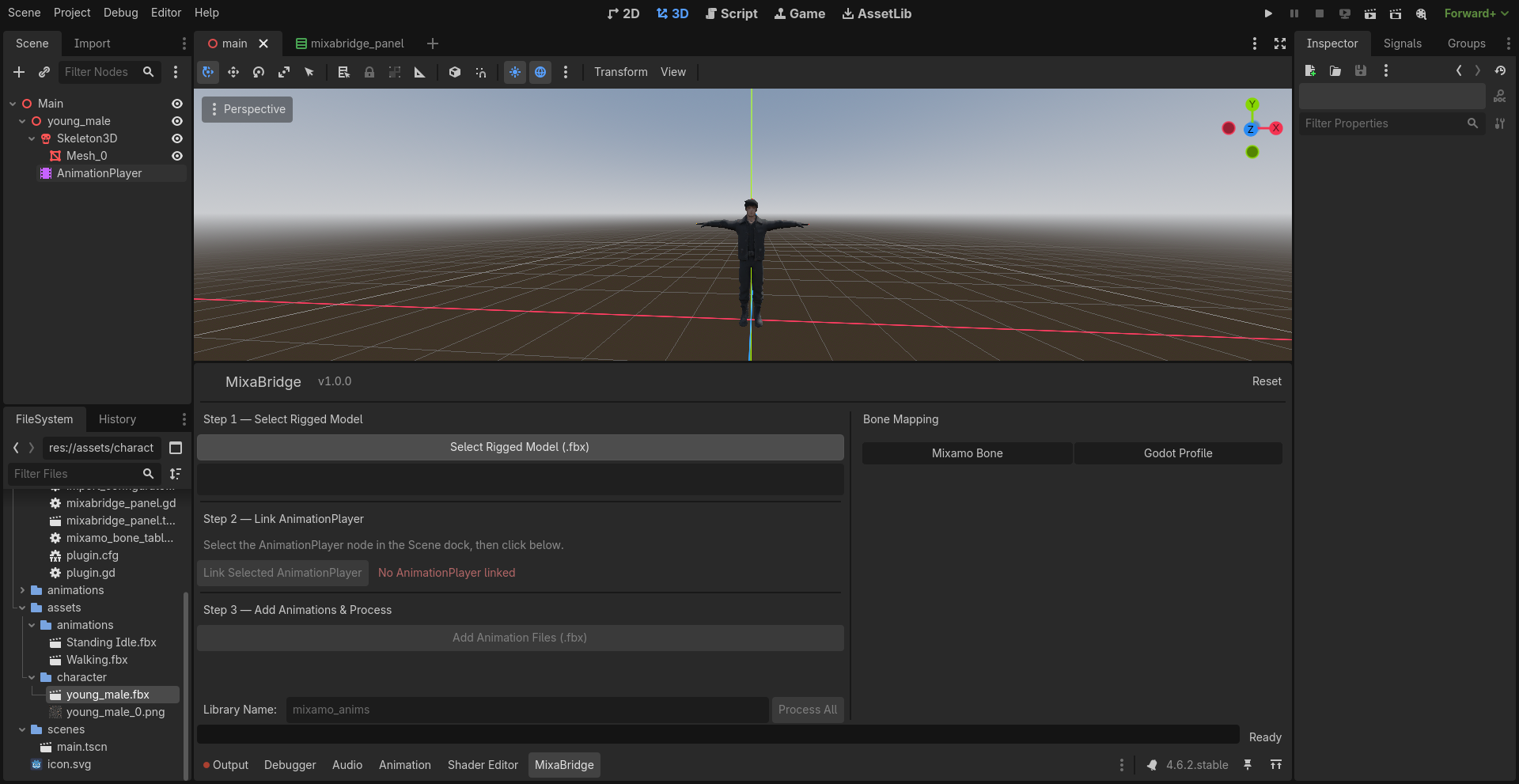MixaBridge tab in bottom panel